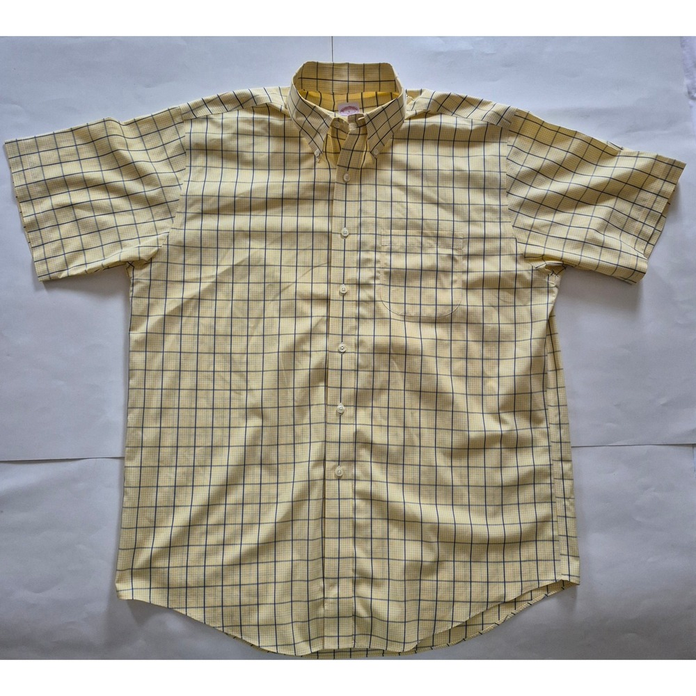 Brooks Brothers 346 Mens Large Yellow Blue Tattersall Non Iron Cotton Shirt